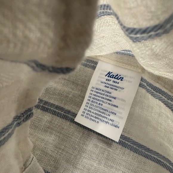 Katin Shirt Mens Medium White Blue Stripe Linen Blend Short Sleeve Button Up - Picture 4 of 8